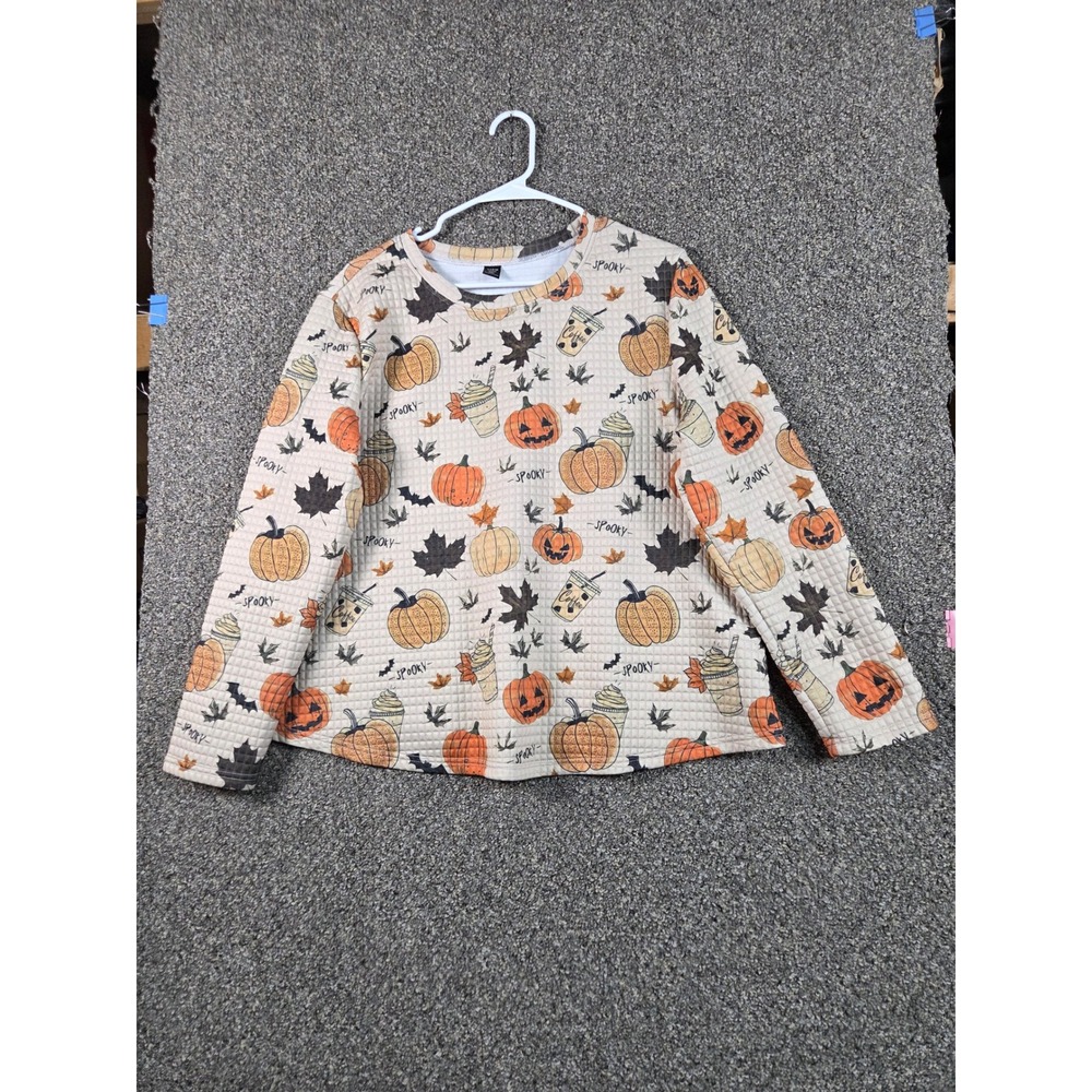 Shein Blouse Womens 0XL Tan Excellent Fall Pumpkins Leaves Spooky Halloween Top‎